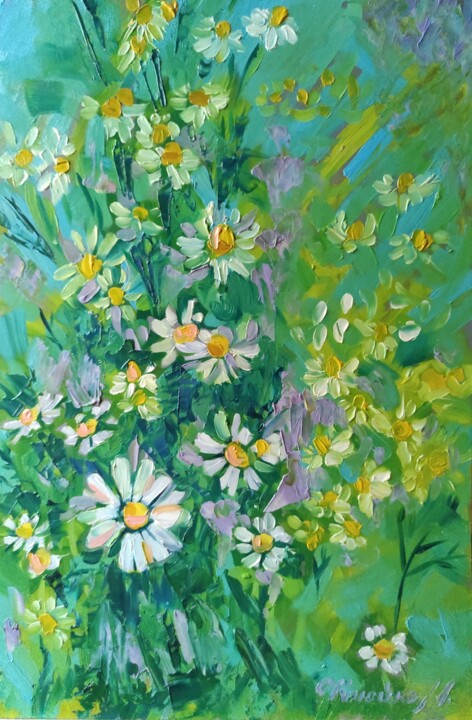 Malerei mit dem Titel "Chamomile field" von Maryna Kliuiko, Original-Kunstwerk, Öl