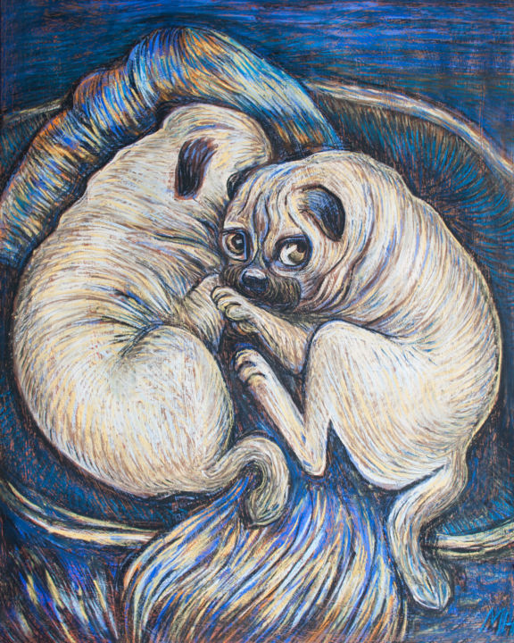Drawing titled "Pugs" by Maryna Novohorodska, Original Artwork, Pastel