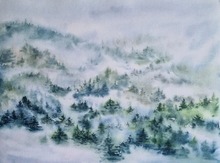 Pittura intitolato "Pine forest in the…" da Maryna Slizinova, Opera d'arte originale, Acquarello