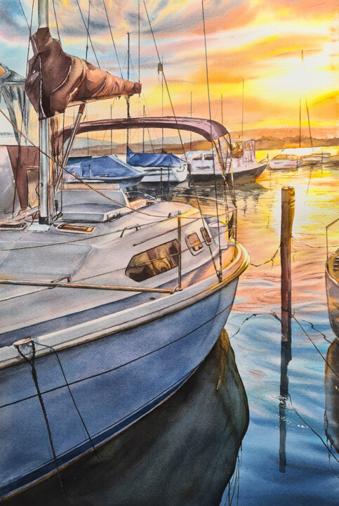 Картина под названием "Sunset on the pier…" - Maryna Slizinova, Подлинное произведение искусства, Акварель