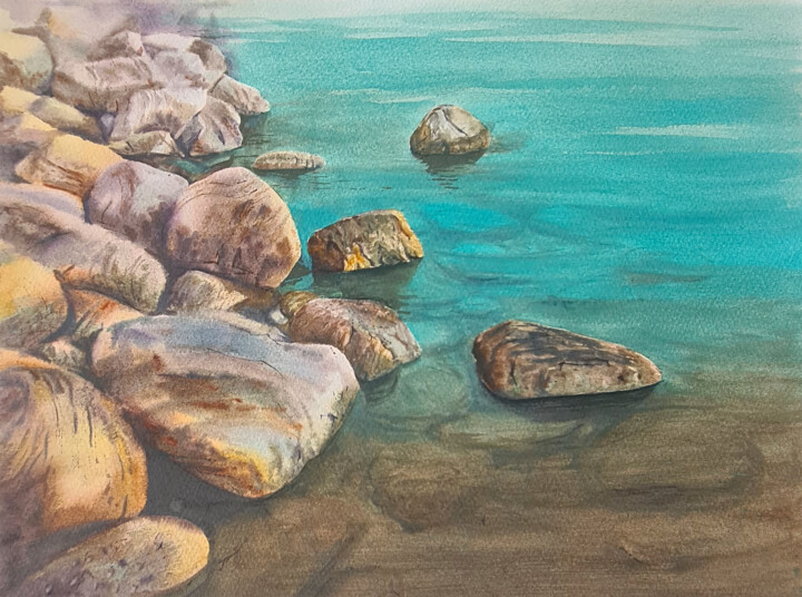 Malerei mit dem Titel "Eau et pierres - aq…" von Maryna Slizinova, Original-Kunstwerk, Aquarell