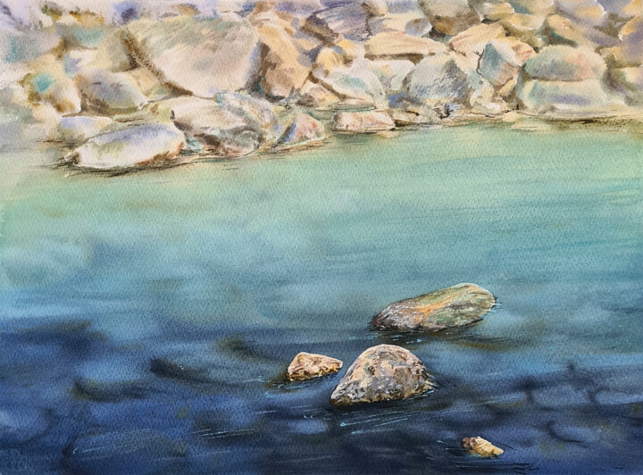 Peinture intitulée "Stones in the water…" par Maryna Slizinova, Œuvre d'art originale, Aquarelle