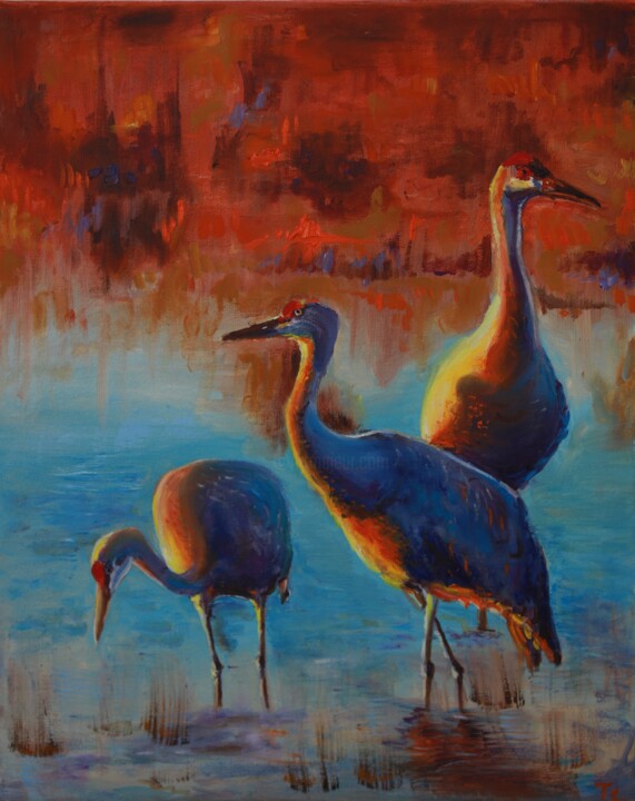 Painting titled "Birds on Sunset" by Maryna Tsoneva, Original Artwork, Oil