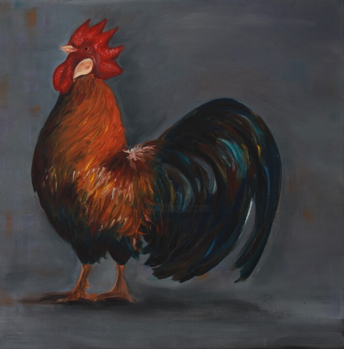 Painting titled "Proud Rooster" by Maryna Tsoneva, Original Artwork, Oil