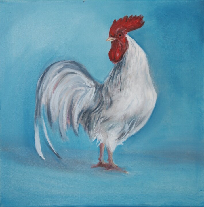 Painting titled "White Rooster" by Maryna Tsoneva, Original Artwork, Oil