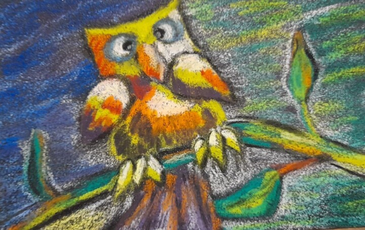 Drawing titled "Owl Oil Pastel Pain…" by Maryna Yasar, Original Artwork, Pastel