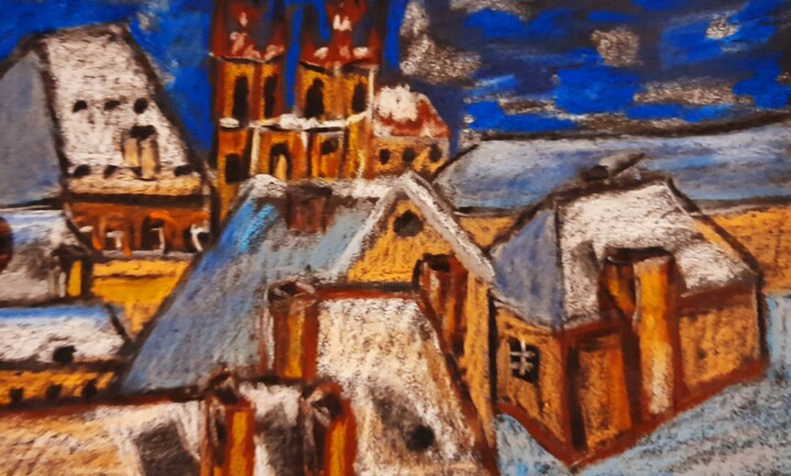 Painting titled "Prague Snow Origina…" by Maryna Yasar, Original Artwork, Pastel