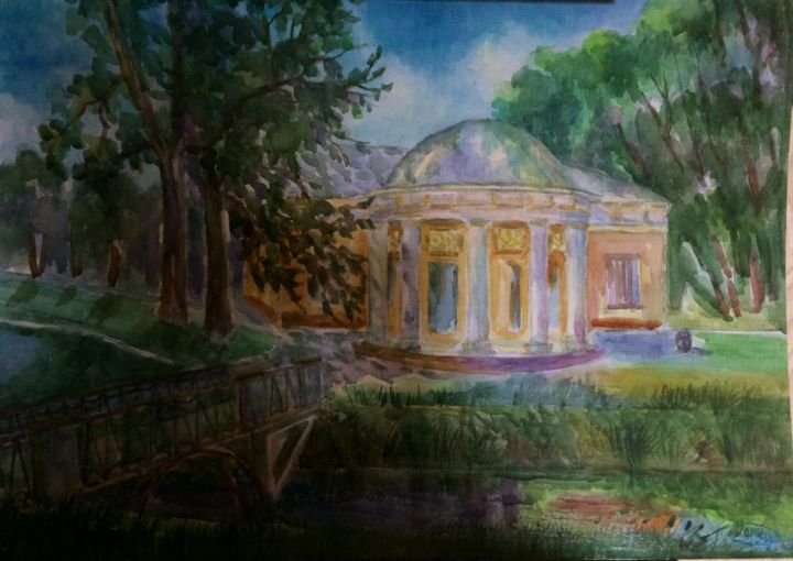Pintura intitulada "Домик у моста" por Marinel Voxx, Obras de arte originais, Aquarela