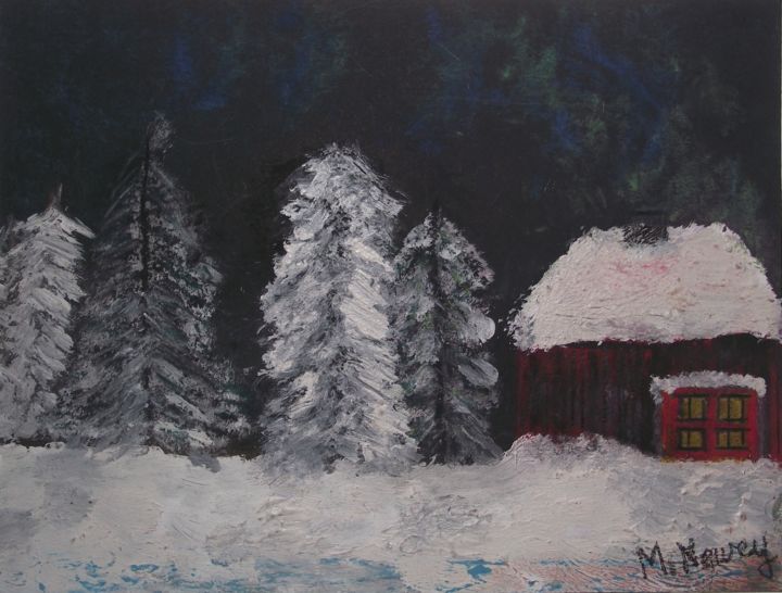 Painting titled "Hidden Cabin" by Mary Newey, Original Artwork, Acrylic