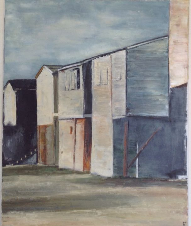 Painting titled "Les cabanes de la p…" by Mary Angé-Raffray, Original Artwork, Oil Mounted on Wood Stretcher frame