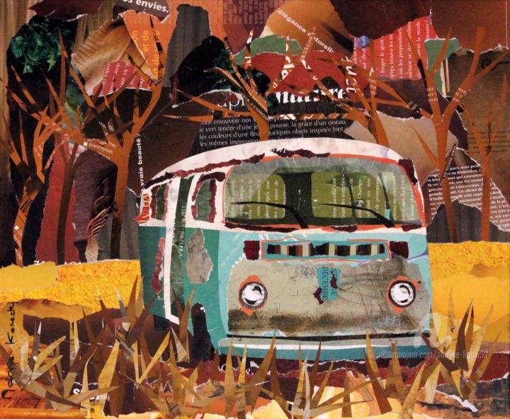 Collagen mit dem Titel "Combi VW  abandonné" von Maryse Konecki, Original-Kunstwerk, Collagen
