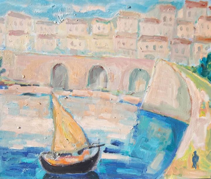 Pittura intitolato "Le pont de la fauss…" da Maryse Maniglier, Opera d'arte originale, Olio
