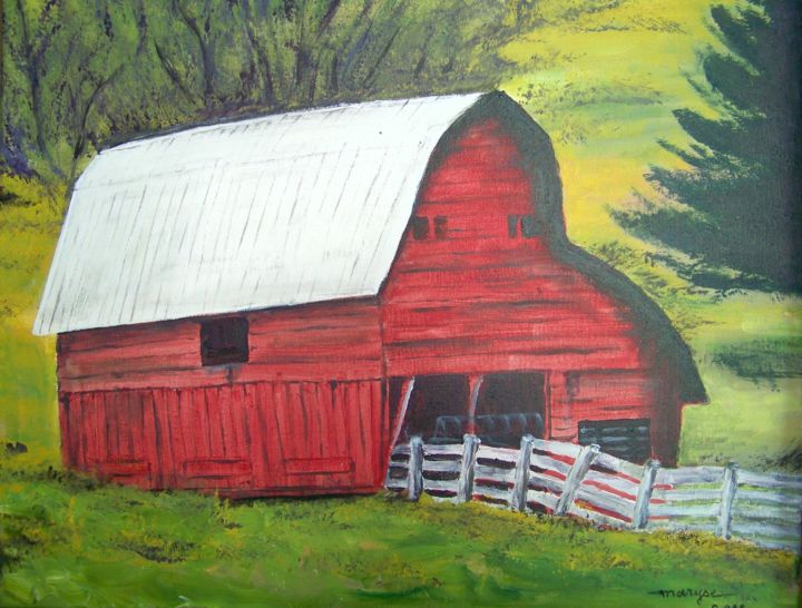 Peinture intitulée "La grange rouge" par Maryse Curinier-Rochette, Œuvre d'art originale, Huile Monté sur Châssis en bois