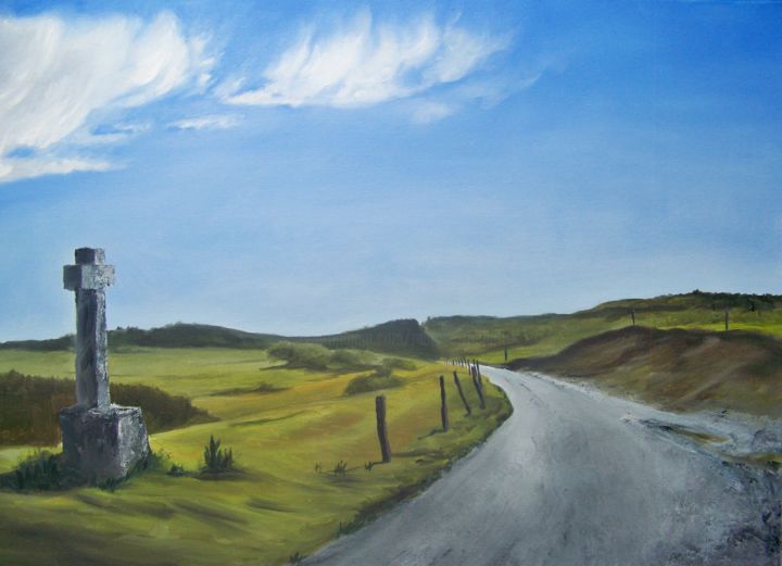 Painting titled "Route à la croix en…" by Maryse Curinier-Rochette, Original Artwork, Oil Mounted on Wood Stretcher frame