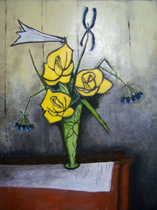 Painting titled "Vase vert aux belle…" by Maryse Curinier-Rochette, Original Artwork, Oil Mounted on Wood Stretcher frame