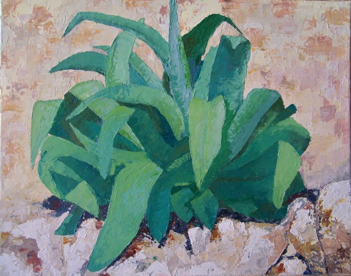 Painting titled "L'agave" by Maryse Curinier-Rochette, Original Artwork, Oil Mounted on Wood Stretcher frame