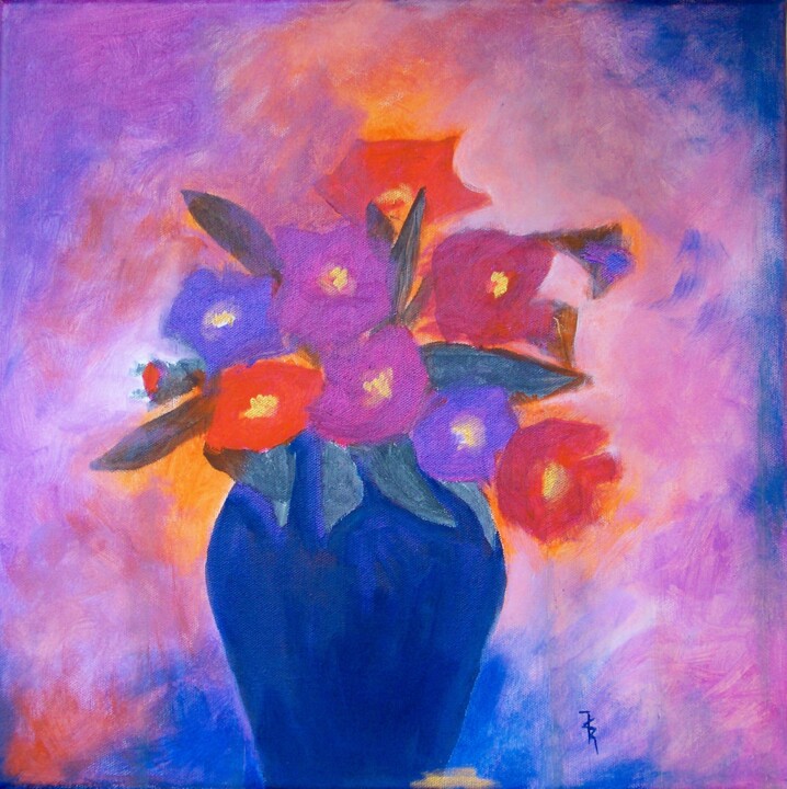 Pintura titulada "Fleurs bleues, rose…" por Maryse Curinier-Rochette, Obra de arte original, Acrílico Montado en Bastidor de…