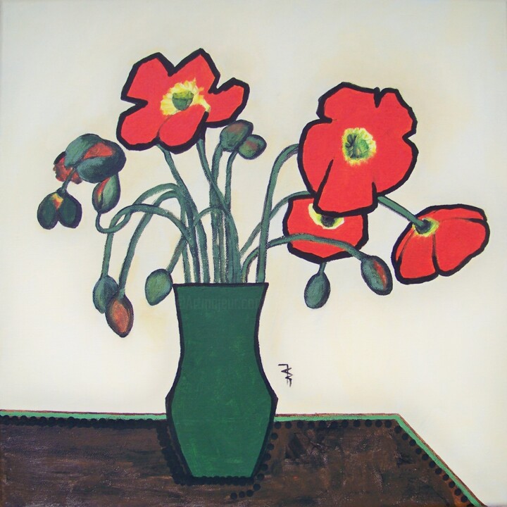 Painting titled "Coquelicots" by Maryse Curinier-Rochette, Original Artwork, Acrylic Mounted on Wood Stretcher frame