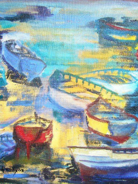 Painting titled "Barques à Mahebourg…" by Maryse Hardy, Original Artwork, Oil