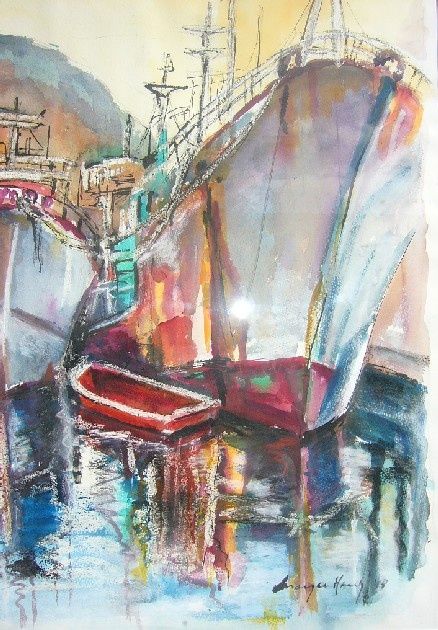 Painting titled "Reflets au Port" by Maryse Hardy, Original Artwork, Oil