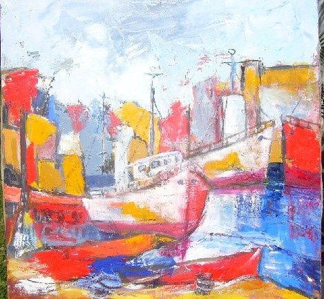 Painting titled "Le Port A l'Aube" by Maryse Hardy, Original Artwork, Oil