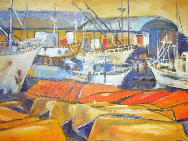Painting titled "Fishing Boats resti…" by Maryse Hardy, Original Artwork, Oil
