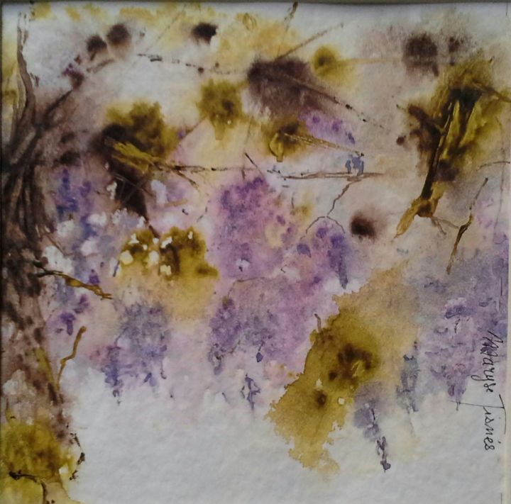 Painting titled "Cascade de glycines" by Maryse Tisnés, Original Artwork, Watercolor