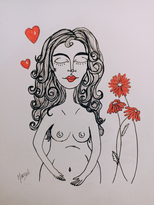 Tekening getiteld "Femme enceinte" door Marzel, Origineel Kunstwerk, Marker