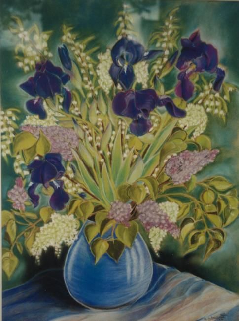 Painting titled "Iris au vase bleu" by Maryse Salaun-Talec, Original Artwork