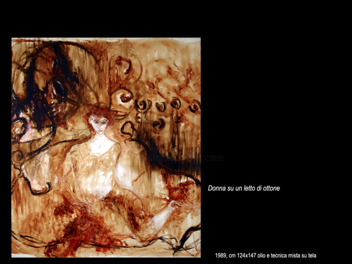 Pittura intitolato "donna su letto d'ot…" da Antimo Mascaretti, Opera d'arte originale, Olio