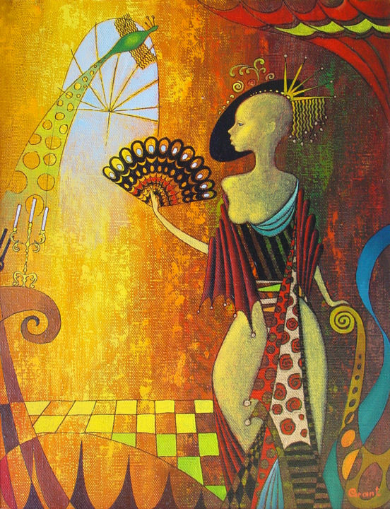 Painting titled "Девушка с веером" by Grant Cukiasian, Original Artwork, Oil