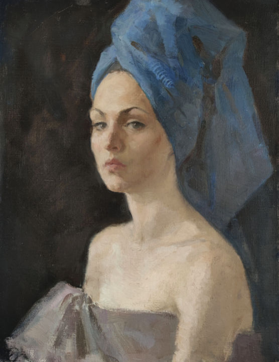 Painting titled "A woman in blue." by Egorova Maria, Original Art, Oil