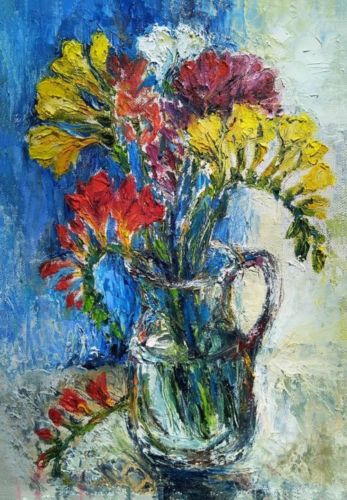 Painting titled "Flowers. Freesia. Ц…" by Angelina Maslikova, Original Artwork, Oil