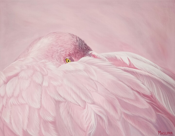 Картина под названием "Shy Pink Flamingo" - Maslova Art Gallery, Подлинное произведение искусства, Акрил
