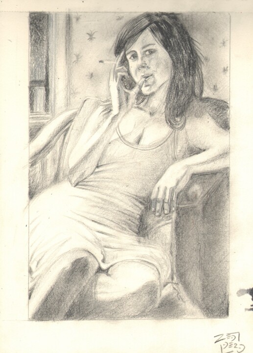 Drawing titled "young brunette smok…" by Massimo Armillei, Original Artwork, Pencil