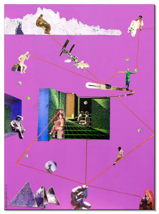Collages getiteld "Fil Rouge" door Massimo Fedele, Origineel Kunstwerk, Collages Gemonteerd op Houten paneel