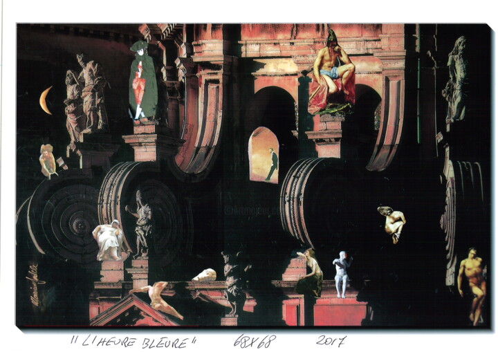 Collages titled "L'Heure Bleure" by Massimo Fedele, Original Artwork, Pastel Mounted on Wood Stretcher frame