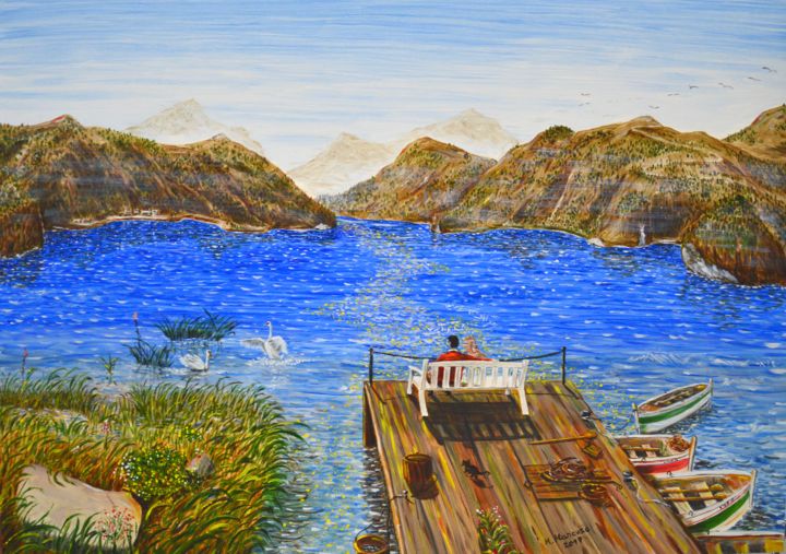 Malarstwo zatytułowany „La panchina sul lago” autorstwa Massimo Mancuso, Oryginalna praca, Olej Zamontowany na Drewniana ram…