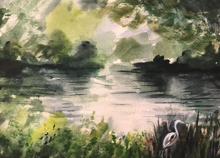 Painting titled "Mystic Lake Daylight" by Massoudeh Edmond, Original Artwork, Watercolor