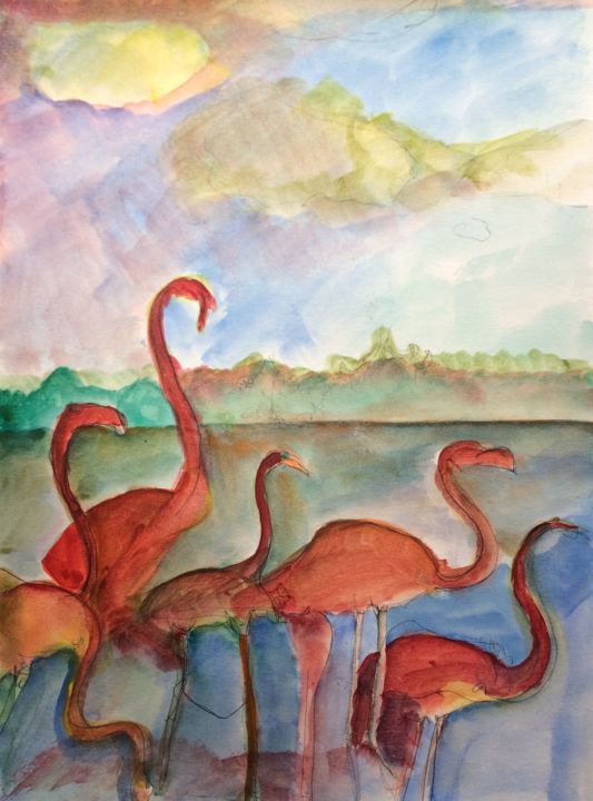Painting titled "Red Flamingo" by Stéphane Massoutier, Original Artwork, Ink