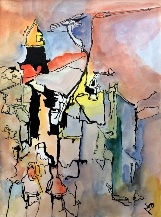 Painting titled "La ville imaginée -…" by Stéphane Massoutier, Original Artwork, Ink