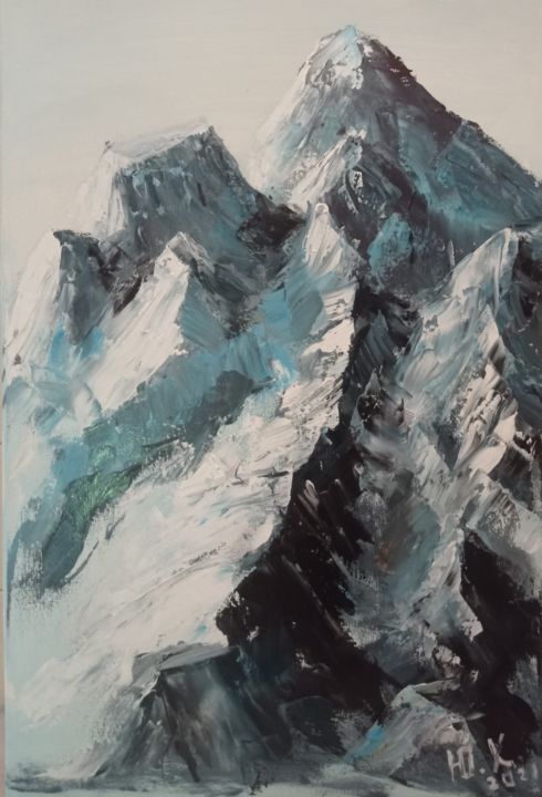 Картина под названием "Снежные горы" - Yuliya Hmeleva, Подлинное произведение искусства, Масло