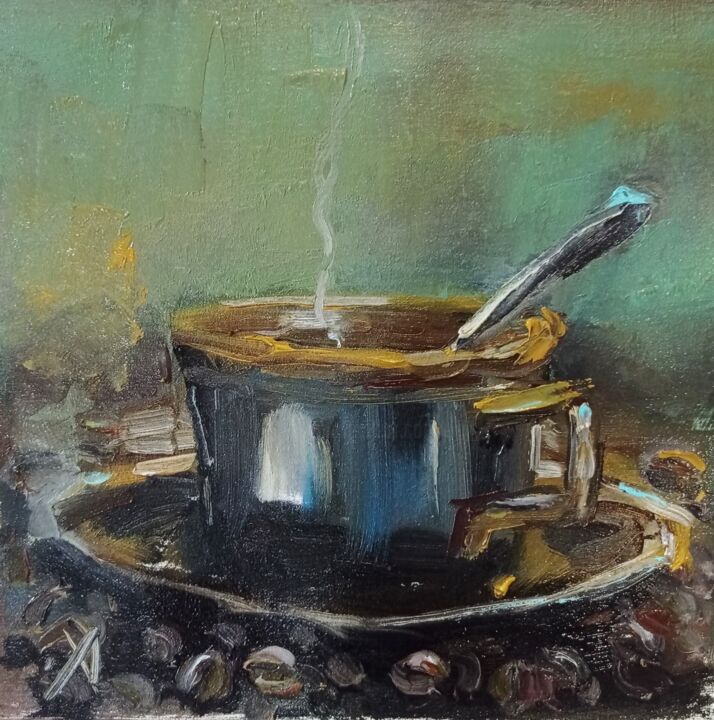 Картина под названием "Утренний кофе" - Yuliya Hmeleva, Подлинное произведение искусства, Масло