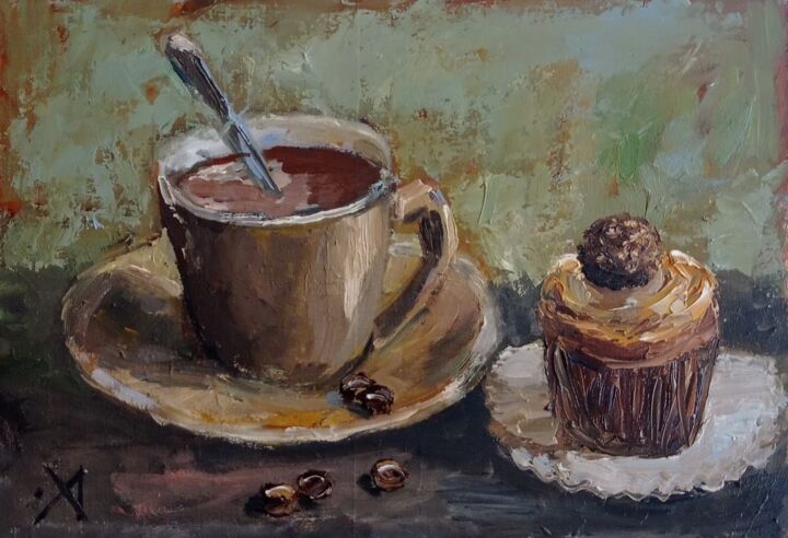 Картина под названием "Кофе для тебя" - Yuliya Hmeleva, Подлинное произведение искусства, Масло