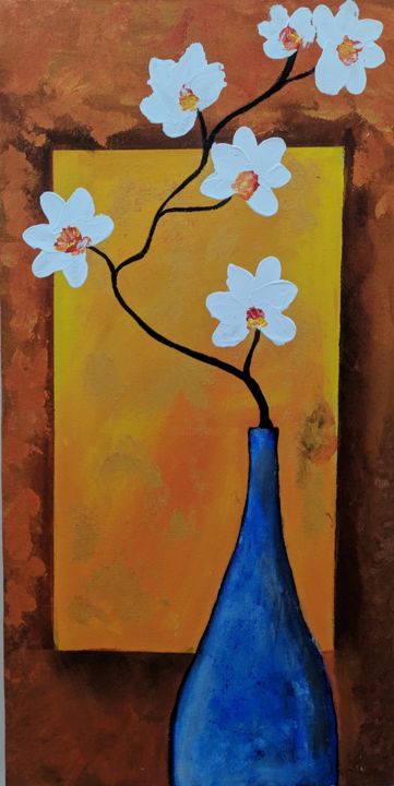 Pittura intitolato "Orchid and moonlight" da Heya Masuka Nourin, Opera d'arte originale, Acrilico Montato su Pannello di leg…