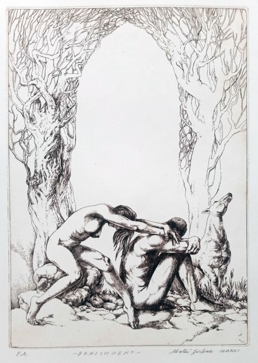 Druckgrafik mit dem Titel "Banishment-Expulsio…" von Matei Serban Sandu, Original-Kunstwerk, Radierung