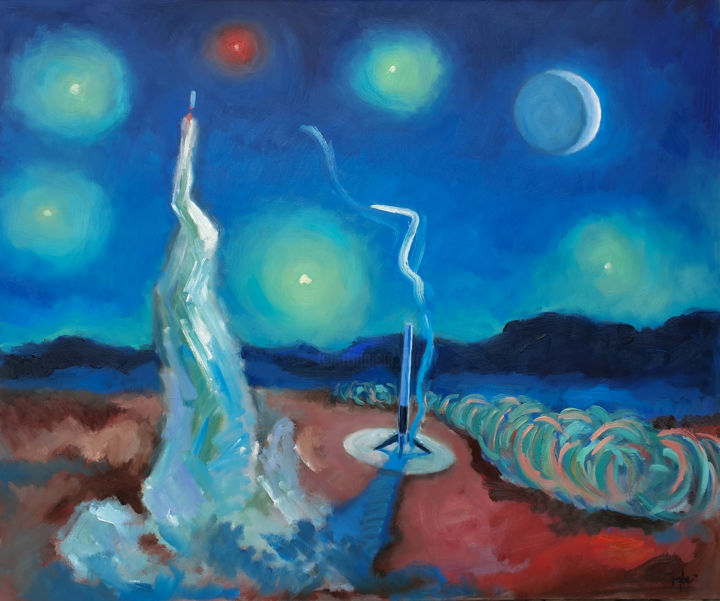 Painting titled "Starry Night - Depa…" by Matej Mlakar, Original Art, Oil Mounted on Stretcher frame