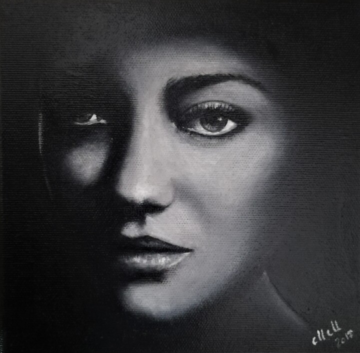 Painting titled "Woman in the dark -…" by Mateja Marinko, Original Artwork, Oil Mounted on Wood Stretcher frame