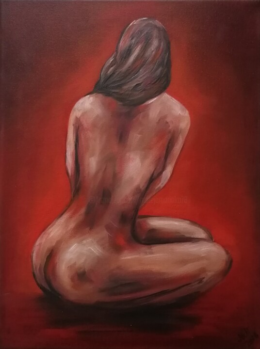 Painting titled "Naked woman's back…" by Mateja Marinko, Original Artwork, Oil Mounted on Wood Stretcher frame
