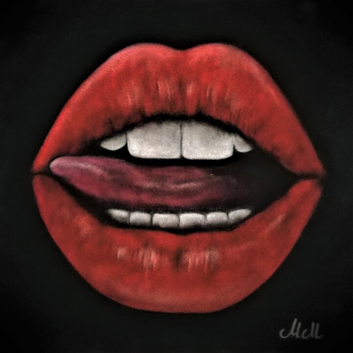 Painting titled "Red lips on black v…" by Mateja Marinko, Original Artwork, Pastel